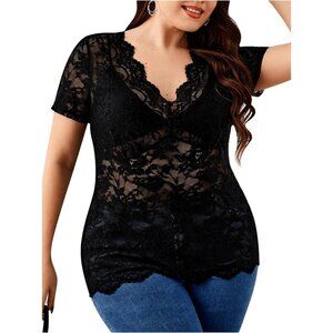 Women's Plus Size Short Sleeve Floral Lace Blouse Mesh V Neck Casual Top